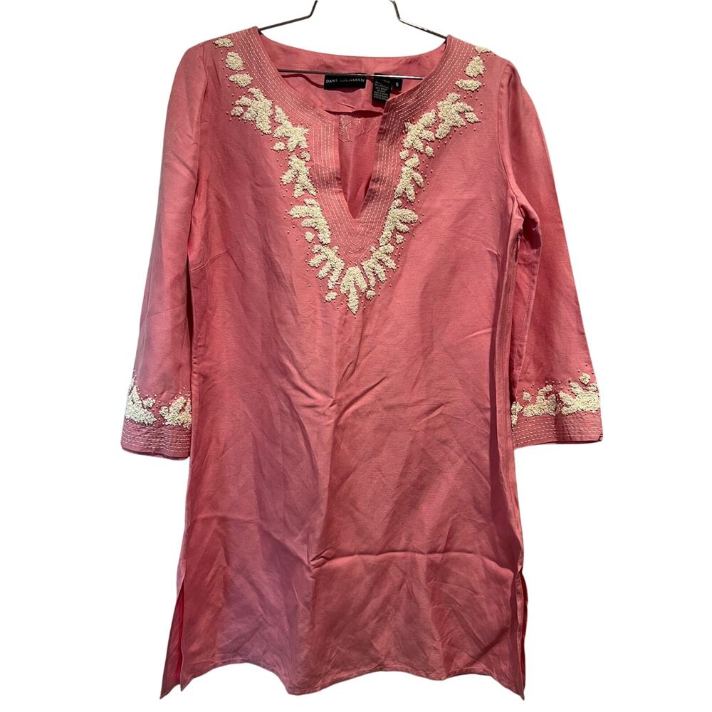 Dana Buchman Pink Linen Silk Embroidered Tunic Top Boho Resort Size 6